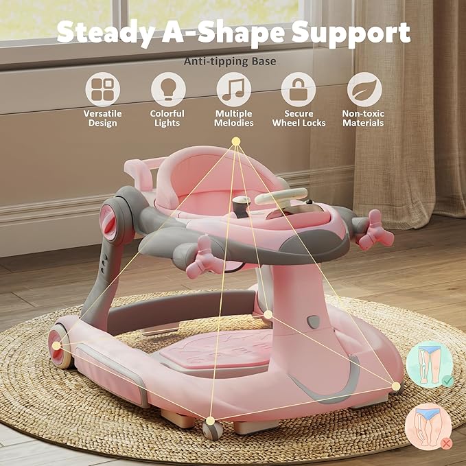 Todefull 7-in-1 Baby Walker with Wheels, Anti-Slip Base, Speed Control, 3 Level Adjustable Height with Music & Lights Box, Foldable Walkers for Babies 6-12 Months, Boys & Girls