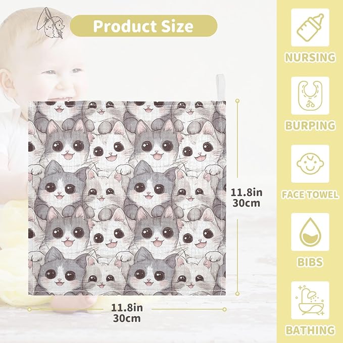 Cute Cats Baby Washcloths Newborn Muslin Burp Cloths 3 Pack Soft Cotton Baby Face Bath Towel Drool Bibs for Infants, Girls and Boys 11.8 x 11.8 Inch