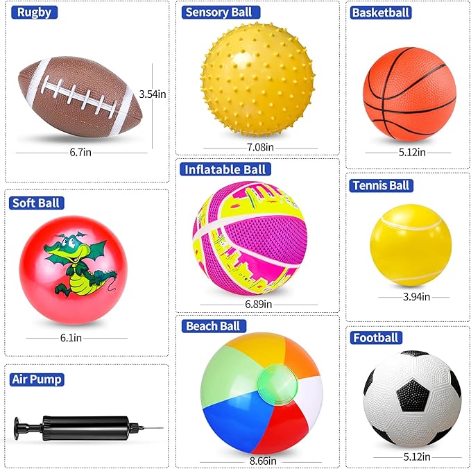 Balls for Toddlers, Toy Balls for Kids, Set of 8 Sport Toys with Pump/Beach Ball/Soccer/Basketball/Tennis/Football/Massage Ball/Rugby/PlaygroundBalls for Indoor Outdoor Party Games