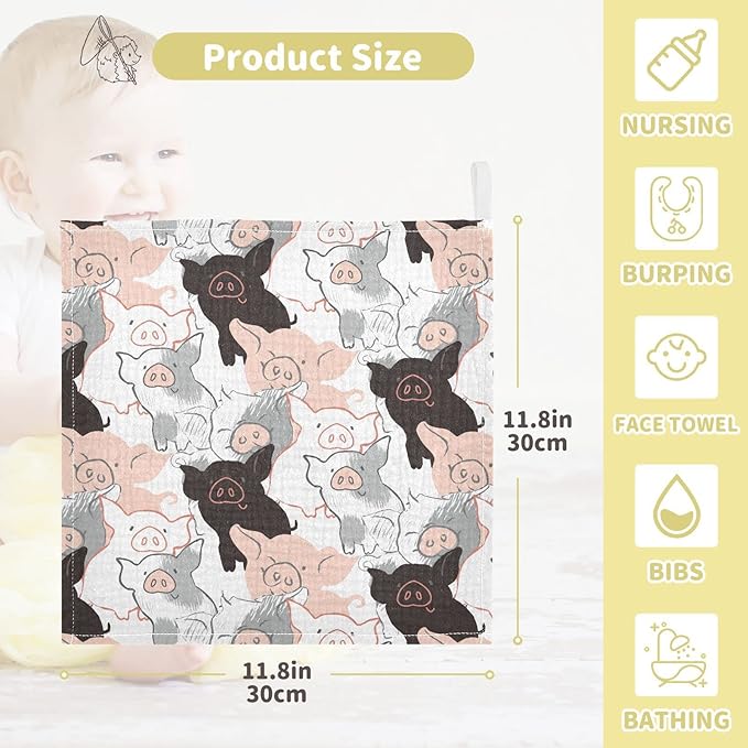 Vvfelixl Baby Muslin Washcloths Soft Baby Face Towel for Newborn Infants, 11.8 X 11.8 Inch, 3 Pack, Cotton, Piglets, Animal, Compact, Heavyweight