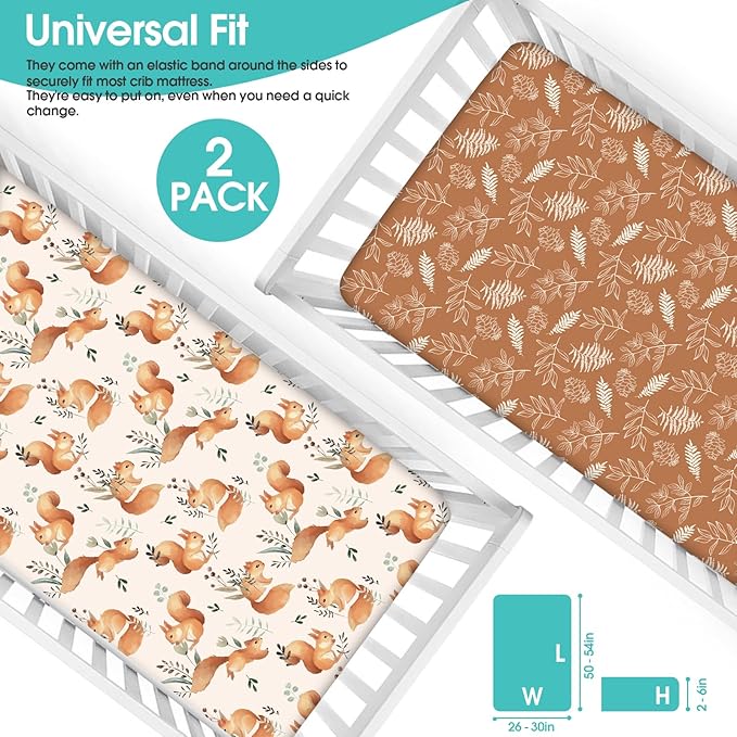 BROLEX Baby Fitted Crib Sheets: Kid Crib Sheets - Set of 2 for Toddler Standard Size Crib Mattress for Boys and Girls - Jersey Knit Crib Bed Sheets Fox&Foliage