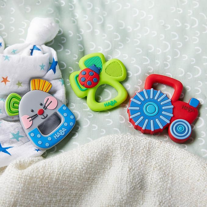 HABA Tractor Silicone Teethers for Babies 6-18 Months - Farm Themed Silicone Teether Ring and Tractor Grasping Toy for Safe Sensory Development - Dishwasher Safe Baby Essentials