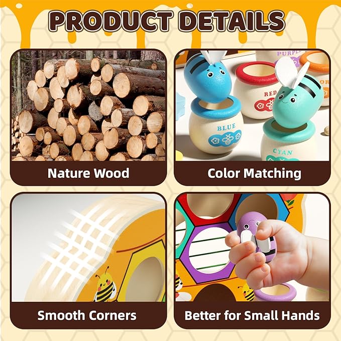 Wooden Toddler Fine Motor Skill Toy, Bee to Hive Matching Game with Honey Jar & Sticks, Montessori Color Sorting Matching Toys, Preschool Educational Learning Toys, Gift for Toddler 2 3 4