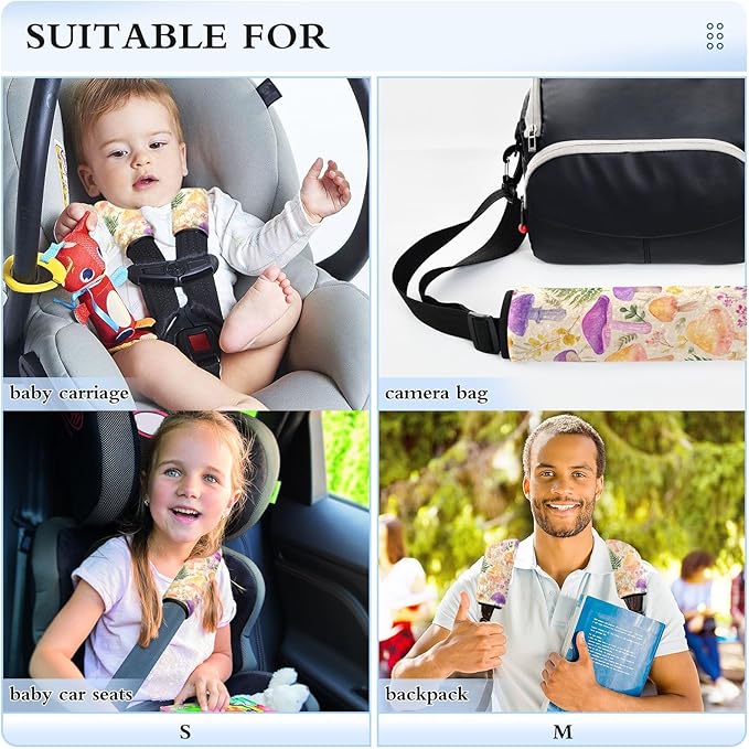 2 Pack Seatbelt Covers Seat Belt Cover Pad for Adults Boys Girls Car Seat Strap Covers Pads Cushion Universal Shoulder Strap Pad Protector for Backpack Camera Bag 6.5 Inch Mushroom Colorful Pattern