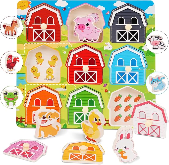 Toddler Wooden Puzzles Ages 1-3, Montessori Toys for 1 2 3 Year Old Boys Birthday Gifts, Farm Animal Peg Puzzles for Toddlers Age 2-4 Girls - Preschool Learning Activities