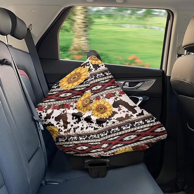 Binienty Sunflower Geometric Stretchy Car Seat Cover Canopies for Babies, Brown Cow Print Multi Use Shopping Cart/High Chair/Breastfeeding Cover
