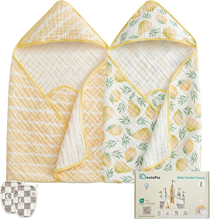 Hooded Baby Bath Towels 2 Pack 32x32 Inch, 100% Cotton Soft & Highly Absorbent, Cute Starry Waves & Pear Prints, Baby Towel Set with Wash Mitts, Gentle for Newborn, Infant & Toddler