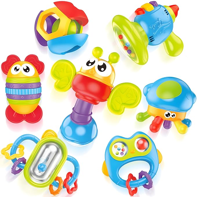 MOONTOY 7pcs Baby Rattles Toy Set, Baby Toys 0-6 Months Infant Toys 6-12 Months Teethers for Babies 3-6 Months Easter Basket Stuffers, Sensory Teething Toys 0 1 2 3 4 5 6 Month Newborn Boy Girl Gifts