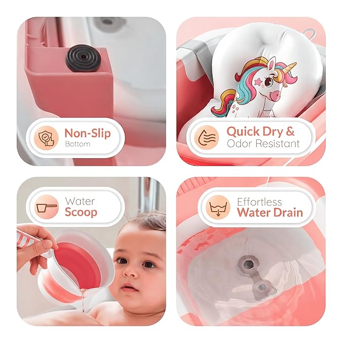 Collapsible Baby Bathtub for Newborn Infant Girl & Boy 0-24 Months, Foldable Portable Bathtub with Thermometer, Heat Sensor, Drain Plug, Water Scoop, Unicorn Cushion Pillow, Travel Bath Tub for Shower