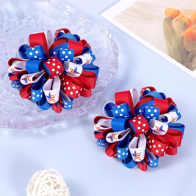 July 4th Korker Hair Bow Clip 3'' Kids Patriotic Curly Corker Fireworks Cheer Bow Alligator Barrettes Toddler Baby Girls Independence Day Christmas Party Favor Gift Accessories