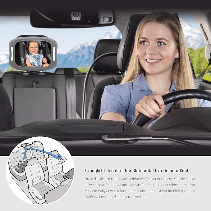 reer BabyView 86101 LED Car Safety Mirror - Your Baby in the Back Seat Always in View, Grey