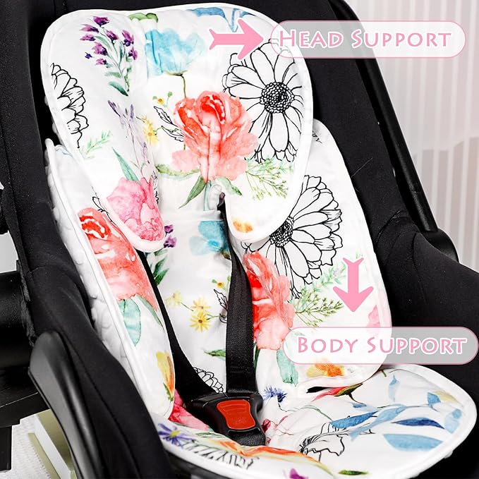 Infant Car Seat Insert, 2 in 1 Baby Head and Body Support for Car Seat, Soft Plush Newborn Carseat Cushion for Stroller Bouncer, White Floral