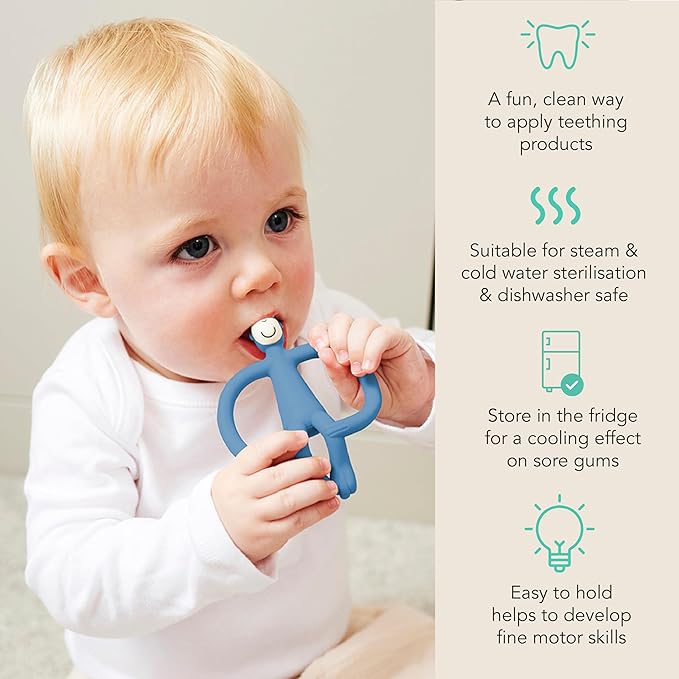 Matchstick Monkey Original Teether & Gel Applicator – Silicone Baby Teether, Easy-to-Grip, BPA-Free, Supports Self-Soothing & Early Brushing, 3 Months+, 4 Inches, Airforce Blue