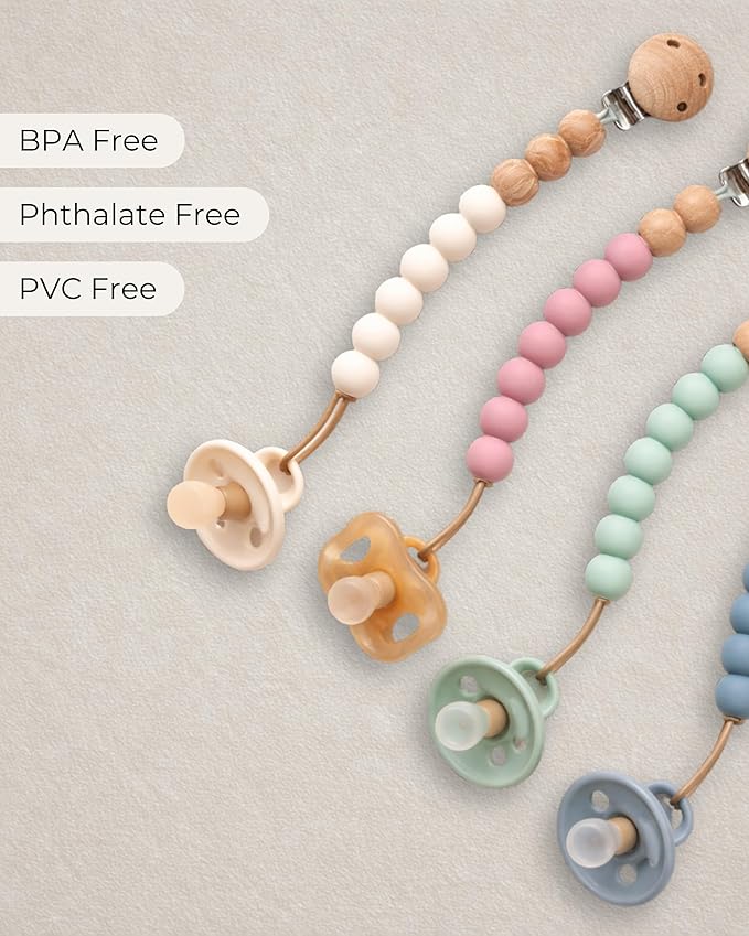 Hippypotamus Pacifier Clips - One Piece All Silicone Holder for Baby’s Binky & Teething Toys - No String Or Loose Beads - Set of 4 (Sand/Rose/Sage/Stone)