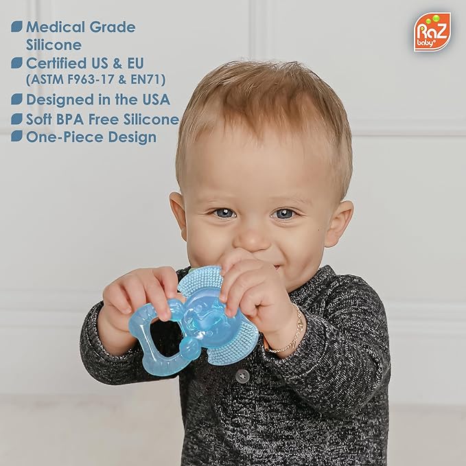 RaZbaby Elfy-Yummy Teether: Teething Relief Toy - Elephant Design, Medical Grade Silicone with Ultra Soft Bristle to Soothe Teething Discomfort Perfect Teething Toy for Babies 3m+