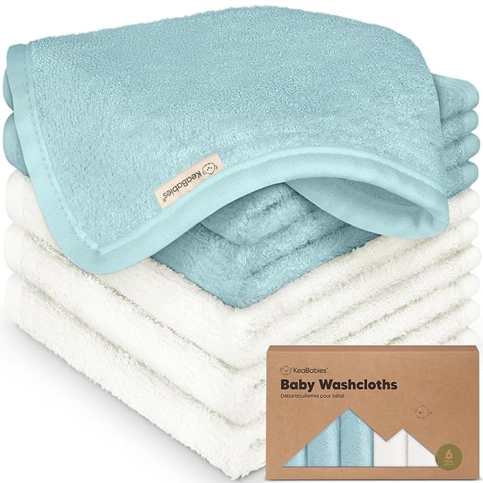 6-Pack Baby Washcloths – Soft Absorbent Viscose from Bamboo Washcloths for Face, Body, Baby Towels for Newborn, Kids, Toddlers, Infant, Gentle on Sensitive Skin, 10x10 Reusable Face Towels (White/Sky)