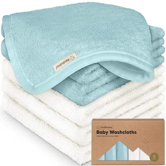 6-Pack Baby Washcloths – Soft Absorbent Viscose from Bamboo Washcloths for Face, Body, Baby Towels for Newborn, Kids, Toddlers, Infant, Gentle on Sensitive Skin, 10x10 Reusable Face Towels (White/Sky)