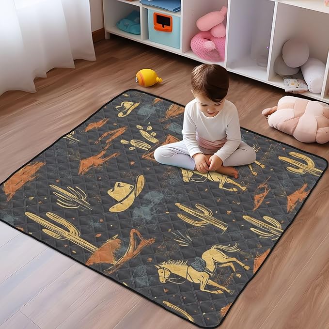 Baby Play Mat Western Cowboy Horse Cactus 50" X 50" Play Gym Crawling Mat Soft Non-Slip Portable Picnic Floor Mat for Infant, Babies, Toddler, Kids
