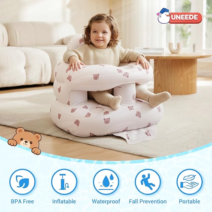 UNEEDE Inflatable Baby Seat for 3 Months & up, Infant Floor Baby Chair with Fence & Built in Air Pump, Lightweight Travel Baby Bath Seat for Home, Camping, Beach & Outdoor