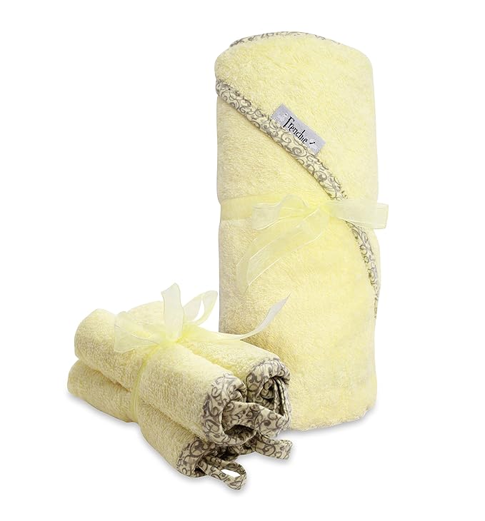 40"x30" Absorbent Hooded Towel and 4 Wash Cloth Set, Yellow, Frenchie Mini Couture