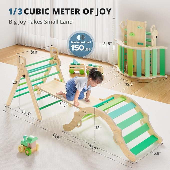 BlueWood Pikler Triangle Set, Toddler Wooden Climbing Toys Indoor 7in1 Foldable Climber for Kids, Montessori Philosophy Play Jungle Gym with Arch, Ramp, Ladder (Green Summer)
