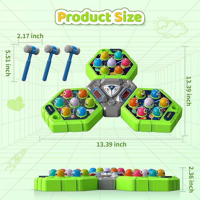 Whack Game Mole for Toddlers, Toys for 3-12 Year Old Boys Girls, Interactive Educational Multiplayer Toys with 3 Modes & 3 Hammers, Sound & Light, Birthday Xmas Gifts for 3 4 5 6 7+ Year Old Boys Girl