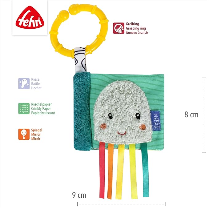 Fehn Mini Book Rustling Octopus – Mini Touch Book: 6 Pages with Exciting Materials and Functions to Touch, Grab and Admire – Optimal for Home and on the Go