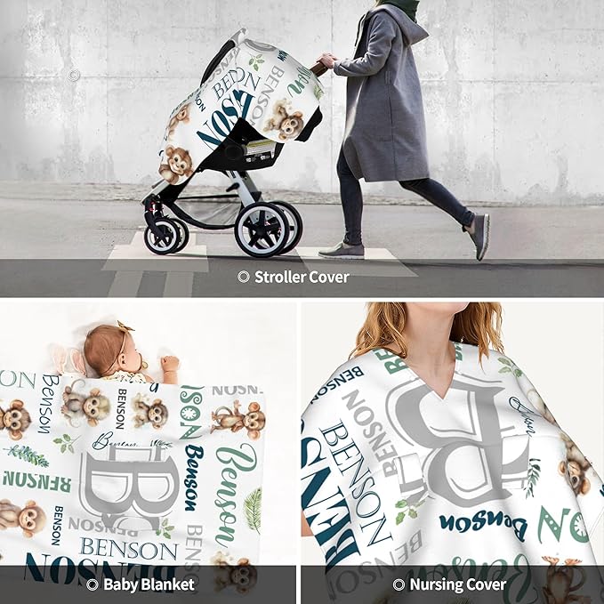 Personalized Winter Car Seat Covers for Babies with Name Monkey Minky Baby Car Seat Cover for Boys Girls Custom Infant Carseat Covers Baby Blanket Nursing Cover Breastfeeding Scarf