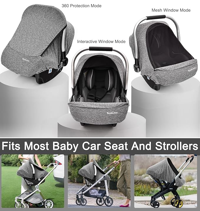 Baby Car Seat Cover, Large Mesh Window, Breathable Fabric, Infant Windproof Canopy, Universal Fit CarSeat Covers for Babies, Machine Washable, Gray