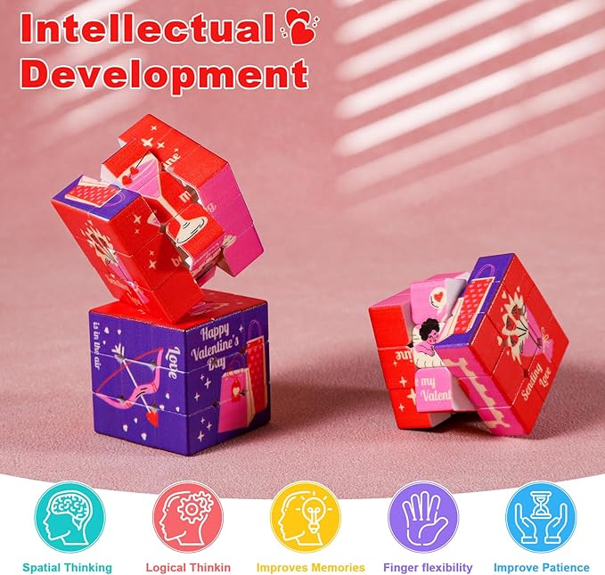 24 Pack Premium Valentine's Day Mini Cubes Set with Cards & Bags, 3x3x3 Puzzle Cubes (1.18 Inch) Heart-Themed Classroom Exchange Gifts, Valentines Gift, Bulk Party Favors, Goodie Bag Stuffers for Kids