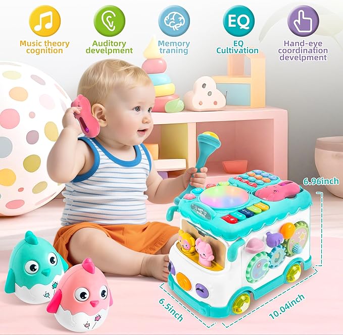Toys for 1 Year Old Girl Gifts, 10-in-1 Montessori Toys Bus for Baby 6-12 12-18 Months, Educational Musical Learning Toddler Toy Age 1-2, 1st First Birthday Gifts for Girls and Boys, Blue
