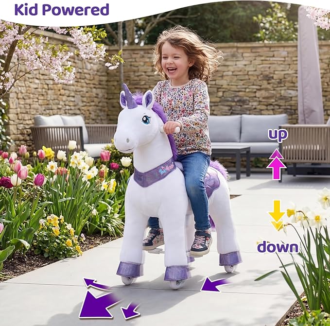 PonyCycle Ride on Unicorn for Kids 4-7 with Brake, Unicorn Gifts for Girls (35.4" Height/Size 4) Plush Interactive Riding Rocking Riding Horse Ride on Toy Spirit Toys Stuffed Animal Purple E413