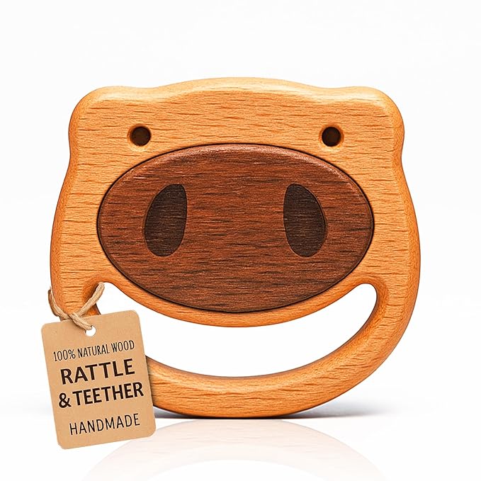 HippoToys Handcrafted Wooden Baby Rattle | Natural Teething Toy | Montessori Sensory Developmental Toy | Non-Toxic Organic Wood | Newborn Infant Baby Boy Girl Gift 0-12 Months