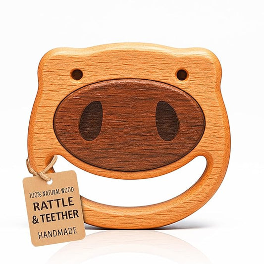 HippoToys Handcrafted Wooden Baby Rattle | Natural Teething Toy | Montessori Sensory Developmental Toy | Non-Toxic Organic Wood | Newborn Infant Baby Boy Girl Gift 0-12 Months