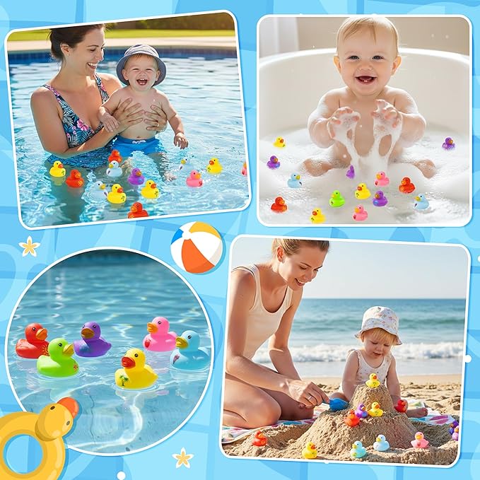 Haooryx Summer Mini Rubber Ducks - 60Pcs Hello Summer Ducky Squeak Bathtub Float Bath Toy Novelty Squeak Duck for Kids Holiday Party Decor Classroom Reward Birthday Gift Baby Shower Party Favor Supply