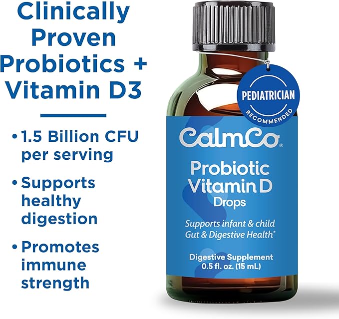 CalmCo Probiotic Vitamin D Drops - Supports Infant & Child Gut Health, Helps Reduce Gas, Colic & Fussiness, Baby Probiotic Drops with Vitamin D3, Pediatrician Recommended, Unflavored, 15ml (Pack of 1)