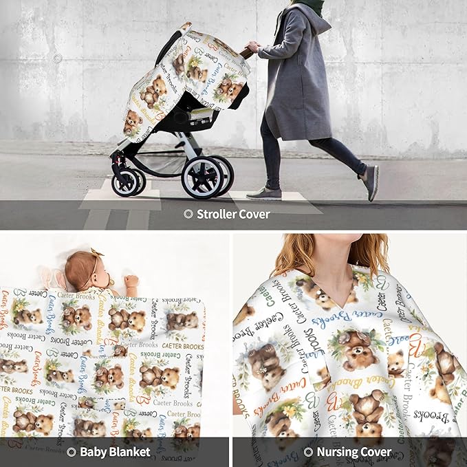 Personalized Baby Car Seat Cover Winter Custom Minky Carseat Cover Boy Girls with Name Bear Carseat Canopy Customized Car Seat Canopy Infant Carrier Covers Nursing Cover Toddler Blanket