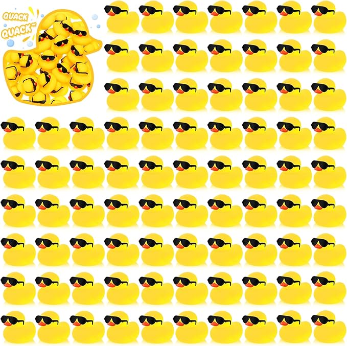 Hiboom 300 Pack Mini Rubber Ducks Set Bath Toys in Bulk with Sunglasses Float Squeak Tiny Baby Shower Rubber Duck Bathtub Pool Toy for Kids Party Birthday Supplies Prize Rewards(Yellow)