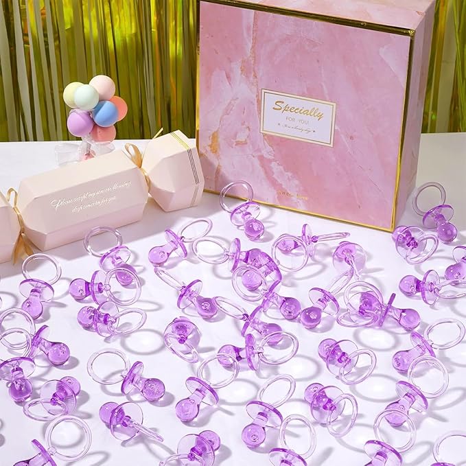 36 Pieces Acrylic Pacifiers for Baby Shower Games Girl, 2.5'' Baby Shower Pacifiers, Bulk Pacifier for Hunt Games, Gender Reveal Table Scatter, Party Favors Decoration(Purple)