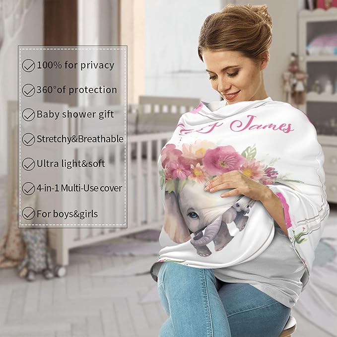 Personalized Car Seat Covers with Name, Elephant Baby Canopy Carrier Cover, Breathable Breastfeeding Nursing Cover, Stretchy Multi-Use Infant Carseat Stroller Cover
