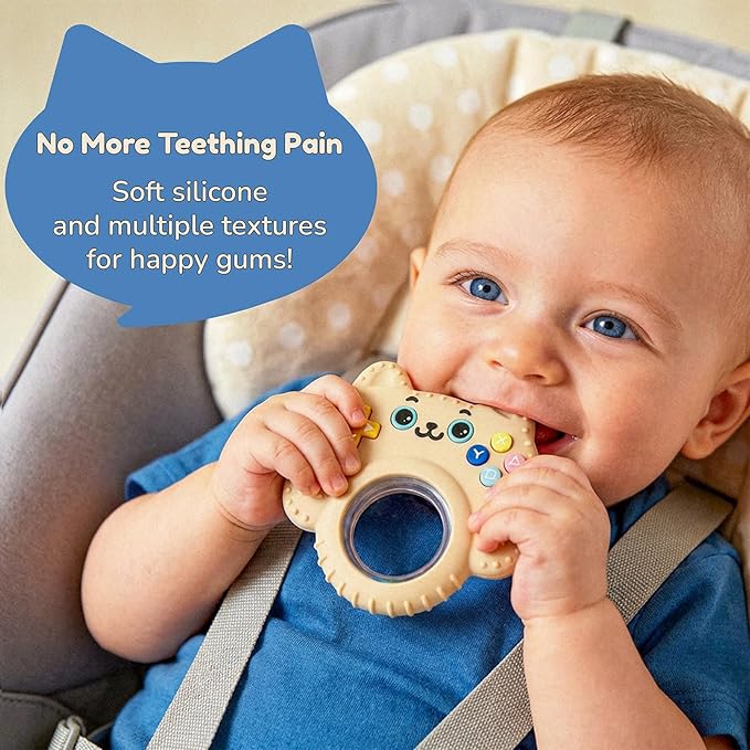 Baby Teether Toy Silicone Cat Teething Ring -Game Controller, Baby Rattle Toy Chew Sensory Toys for Babies Over 3 Months, Teething Relief for Newborn Infant Essentials 0-6 6-12 Months, BPA Free -Beige