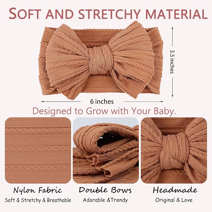 LemonSpace Handmade Baby Bows for baby girls Stretchy Nylon Hair Bands Hair Accessories with Headbands Bows for Newborn Baby Girls Infant Toddlers Kids Bow(Pink Brown light Beige)