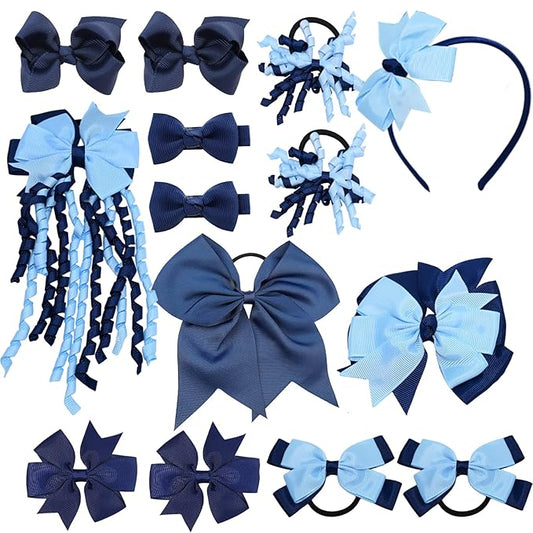 School Hair Accessories Set 14 Pcs Uniform Hair Bow Headband Clips Hair Ties Curly Korker Bows for Little Toddler School Girls (Light Blue&Navy)
