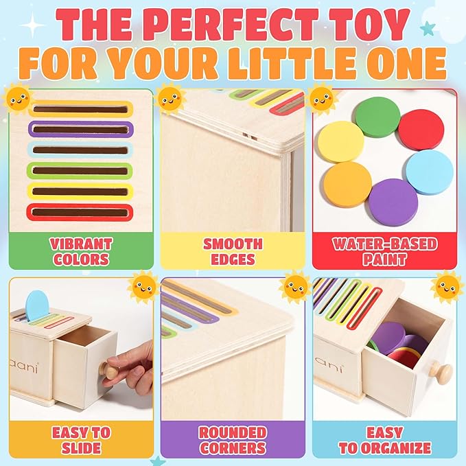 YAANI Montessori Coin Box Toy for Toddlers – Wooden Shape Sorting & Color Matching Learning Toy – Fine Motor Skills, Object Permanence, Early Educational Gift for 1-3 Year Old Boys & Girls