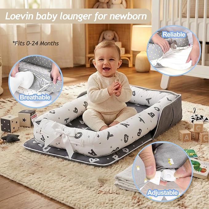 Baby Lounger for Newborn Portable Bag,Baby Nest Play Gym mat with Strap,Newborn Lounger Adjustable Size & Inner Zipper Lengthen Space to 24 Months(Letter Gray)