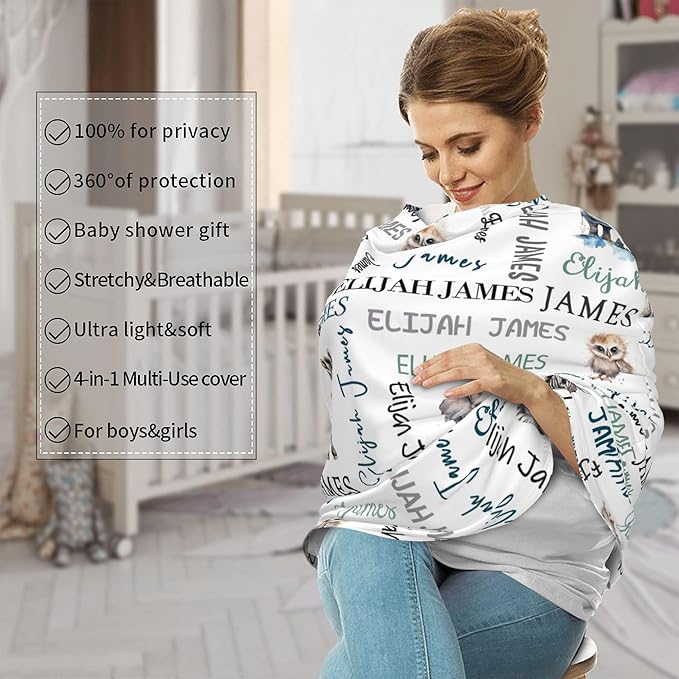 Personalized Baby Car Seat Covers for Babies, Custom Woodland Nursing Breastfeeding Carseat Canopy with Name, Infant Stroller Covers for Newborn Girls Boys, Breathable Carseat Cover