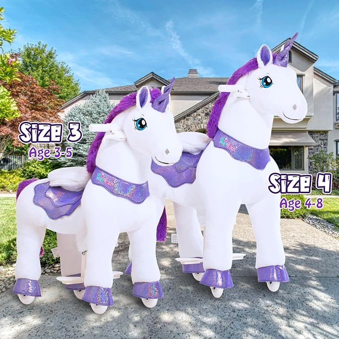 PonyCycle Ride on Unicorn Riding Unicorn Toys with Brake, Essential Model E Interactive Toy Unicorn Gifts for Girls (30" Height/Size 3 for Age 3-4) Riding Horse Ride on Toy Stuffed Animal Purple E313