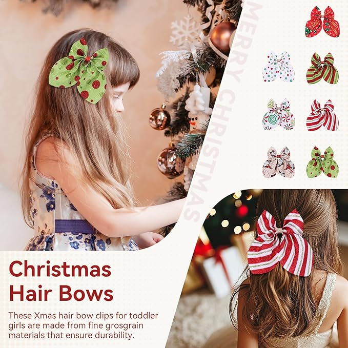 CN 7PCS Christmas Hair Bows for Girls Red Toddler Bows Clips with Christmas Tree Santa Claus Snowman Pattern Xmas Hair Accessories for Kids Party Decorations