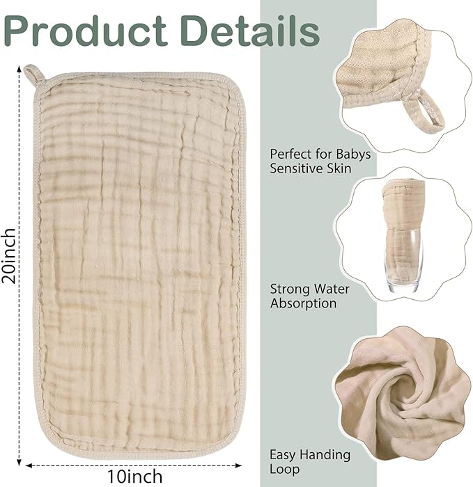 VitalCozy 6 Pcs Baby Muslin Hooded Bath Towels and Washcloths Muslin Cotton Hooded Baby Towels Absorbent Blankets for Gift Newborn Infant Shower (32 x 32 Inch,Beige,Sage Green)