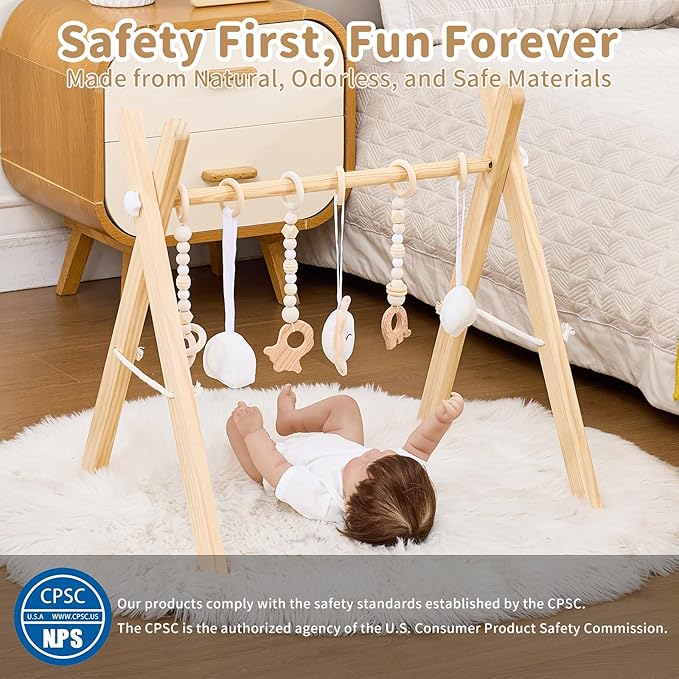 Foldable Wooden Baby Play Gym, Activity Center with 6 Sensory Hanging Toys Natural Wood Montessori Toys for Babies Indoor Gym, No-Tool Assembly Newborn for Infant Motor Development